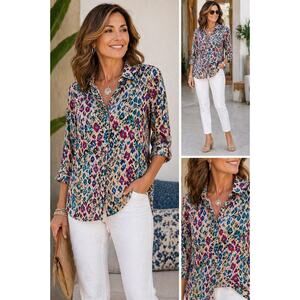 Additions by Chico’s Women Sz 2 Boho Art Print Blouse‎ Y2K Roll Tab Stretch